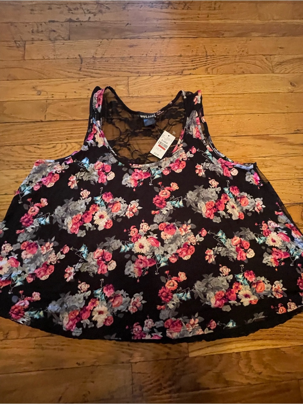 Wet Seal black floral tank top with lace back, Size XL